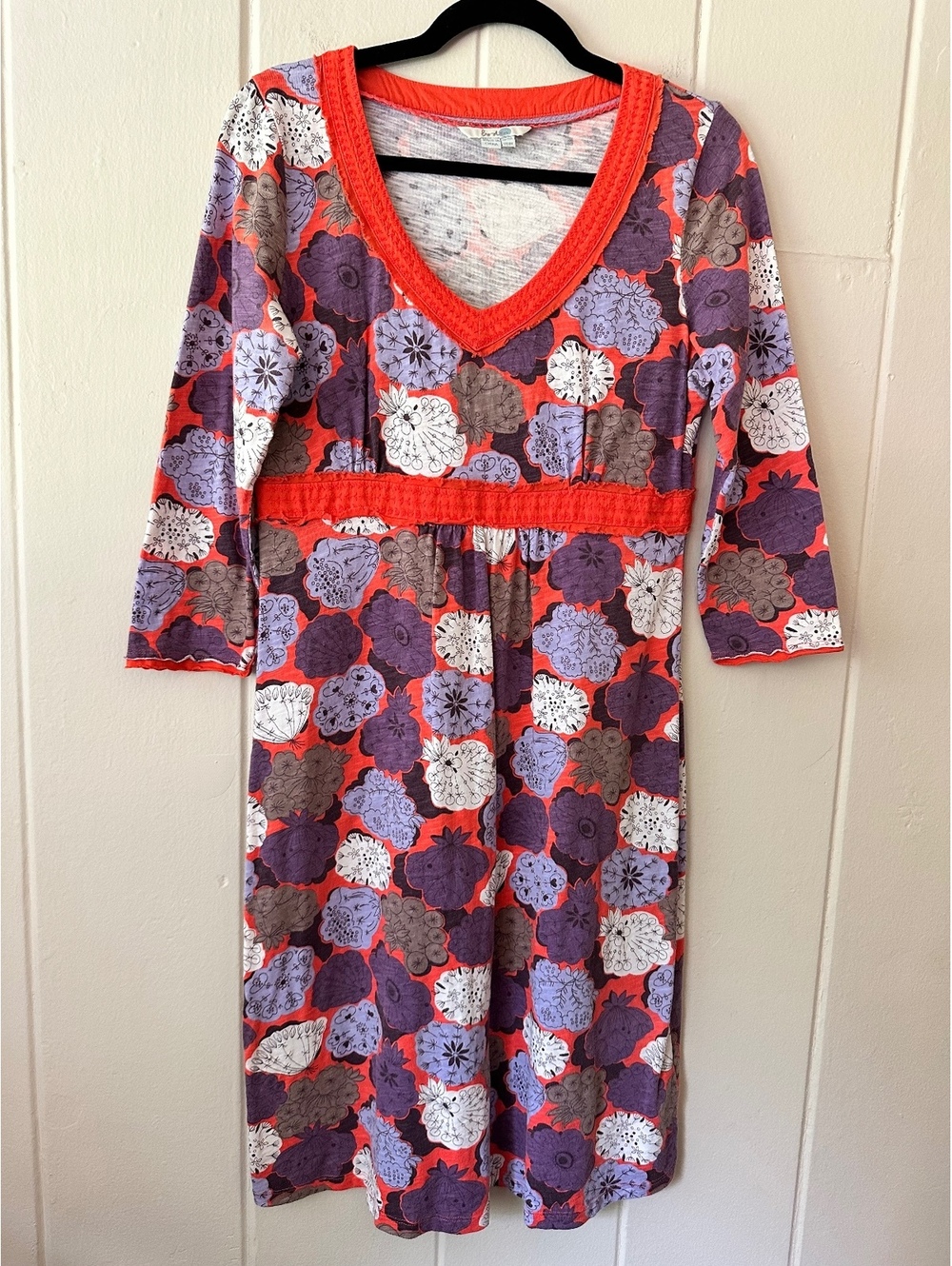 Boden Floral Jersey Empire Waist Dress Size 8 V-Neck 100% Cotton VGC